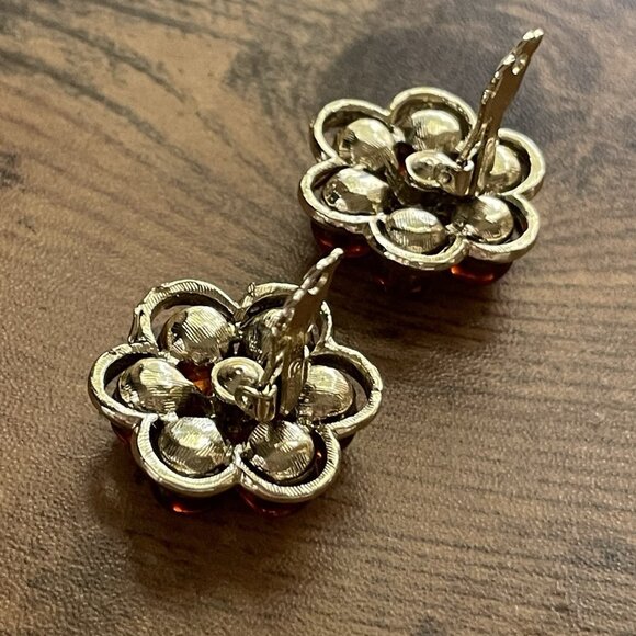 Vintage Coro Earrings Amber Lucite Floral Gold Tone Chunky Clip Signed Flower - Picture 13 of 15